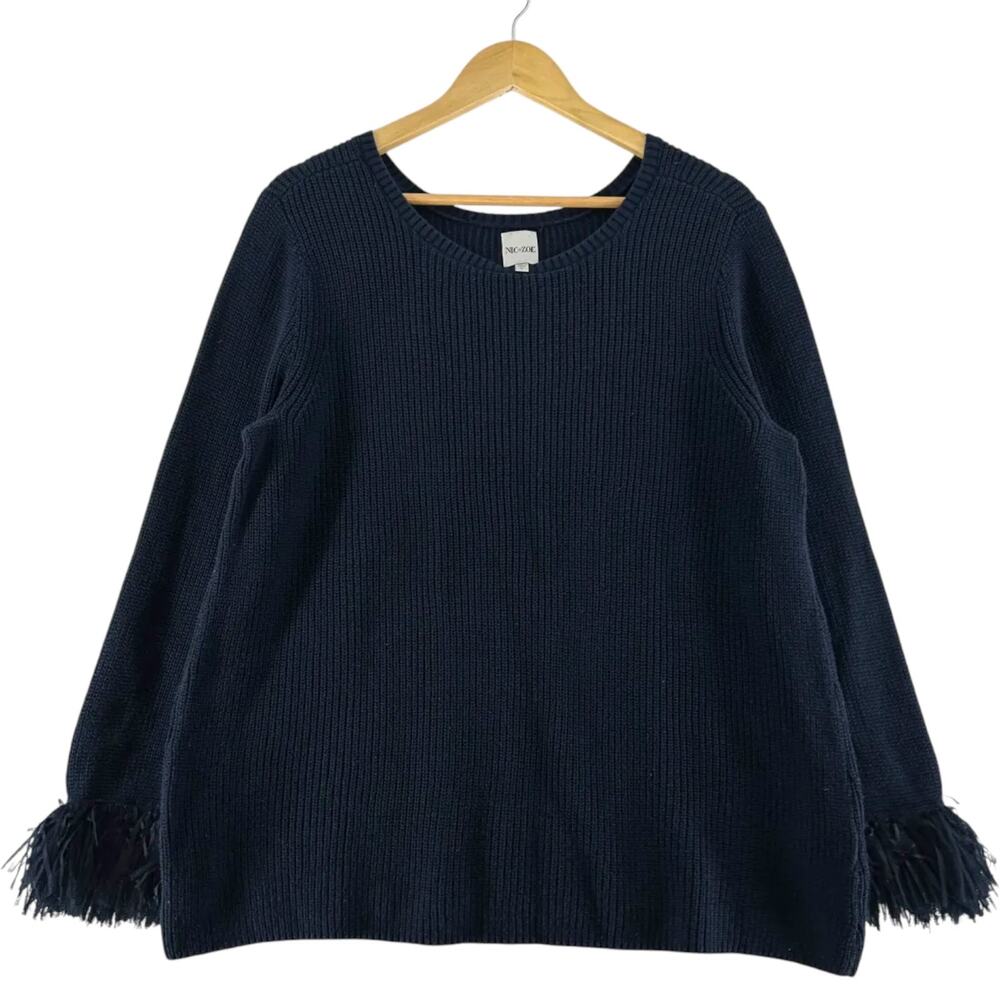 NIC+ZOE Navy Blue Ribbed Knit Fringe Sleeve Sweater Womens Large Cotton Blend